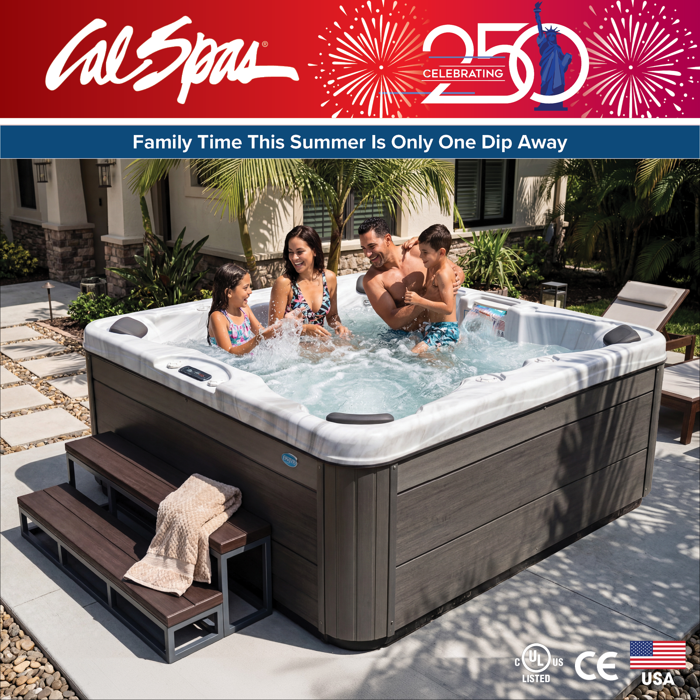 Calspas hot tub being used in a family setting - Greenlawn
